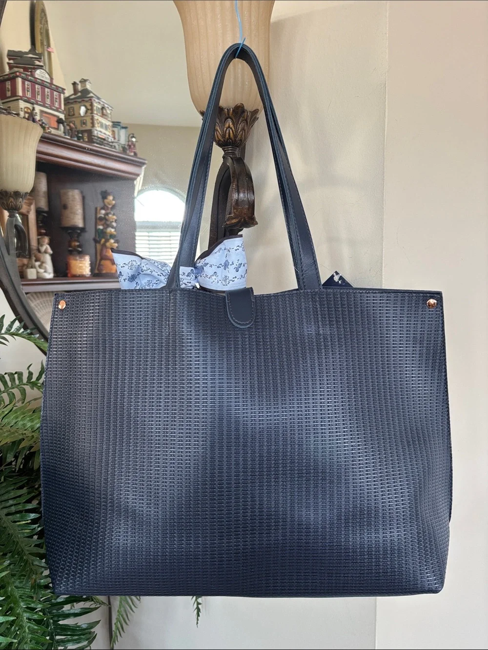 Chic Textured Navy Tote Shoulder Bag Tassel & Scarf Bow Laptop Office Snap Close